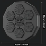 Máquina de boxeo musical con seis colchonetas hexagonales en negro, vista superior con medidas de 40 cm por lado.