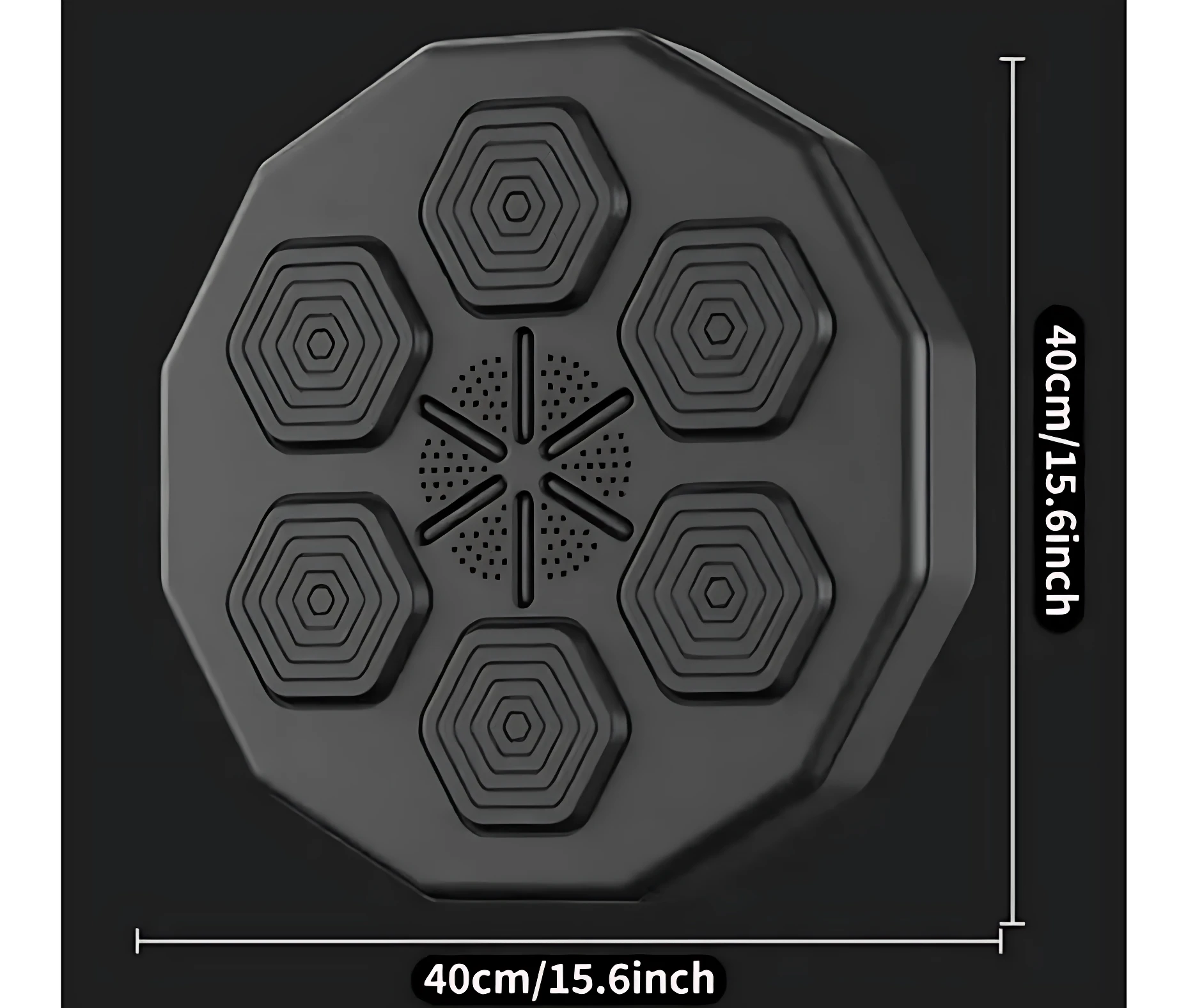 Máquina de boxeo musical con seis colchonetas hexagonales en negro, vista superior con medidas de 40 cm por lado.