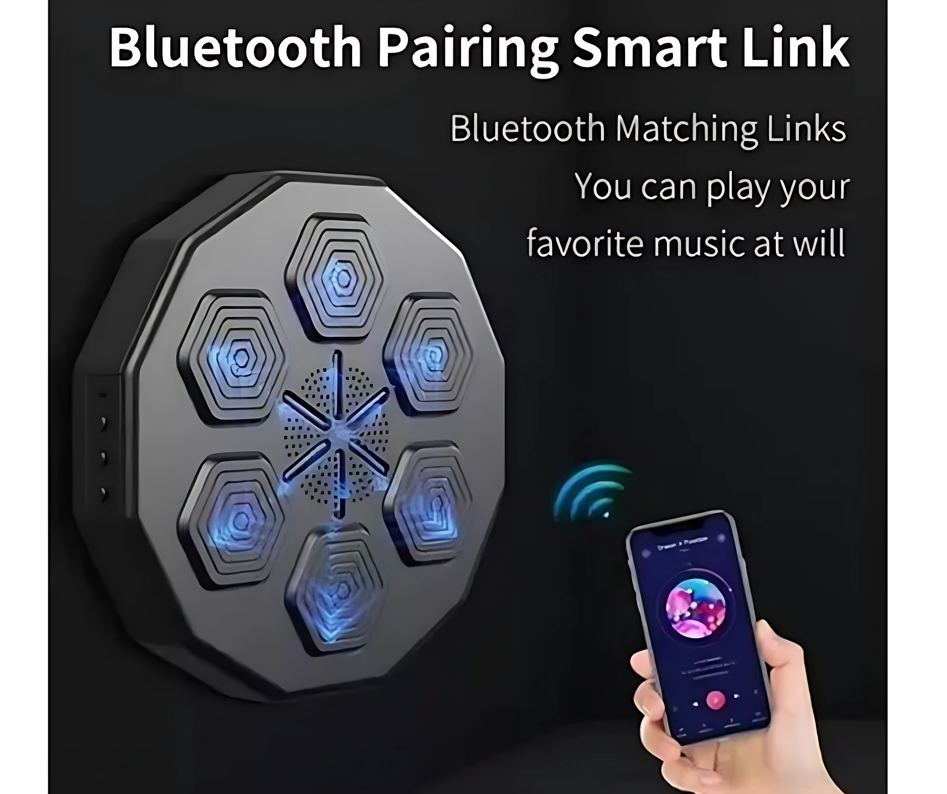 Máquina de boxeo musical con seis colchonetas hexagonales iluminadas en azul, conectada vía Bluetooth a un smartphone para reproducción de música durante el entrenamiento.