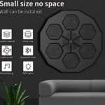 Máquina de boxeo musical negra con seis colchonetas hexagonales, diseño octogonal para instalación en pared, incluye luces RGB y conexión Bluetooth.
