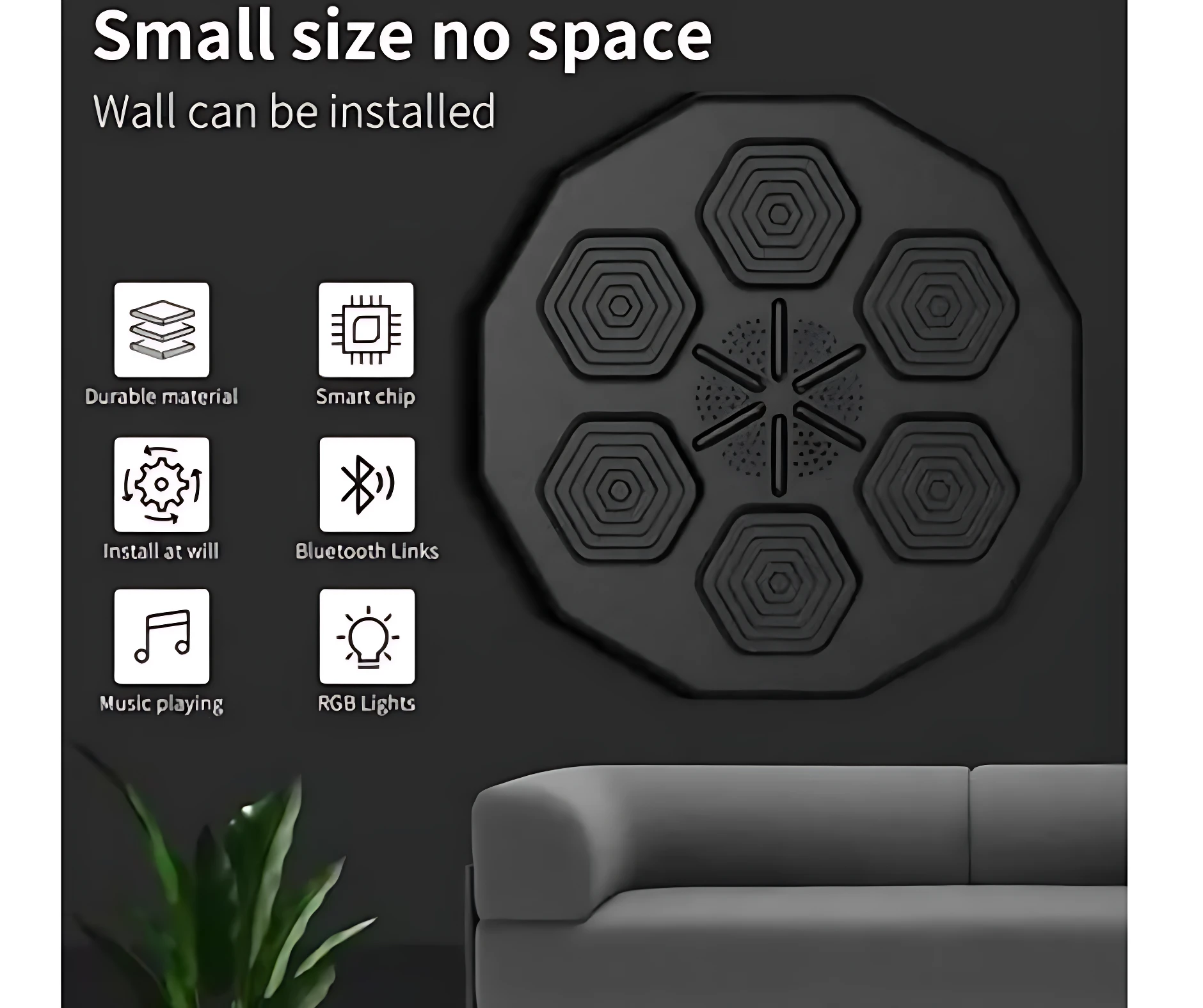 Máquina de boxeo musical negra con seis colchonetas hexagonales, diseño octogonal para instalación en pared, incluye luces RGB y conexión Bluetooth.