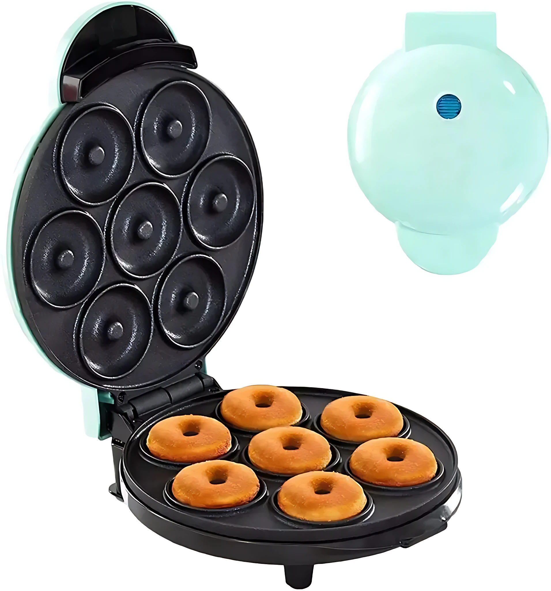 Maquina de donas electrica compacta en color menta, con tapa abierta mostrando moldes internos y donas horneadas en la base inferior.