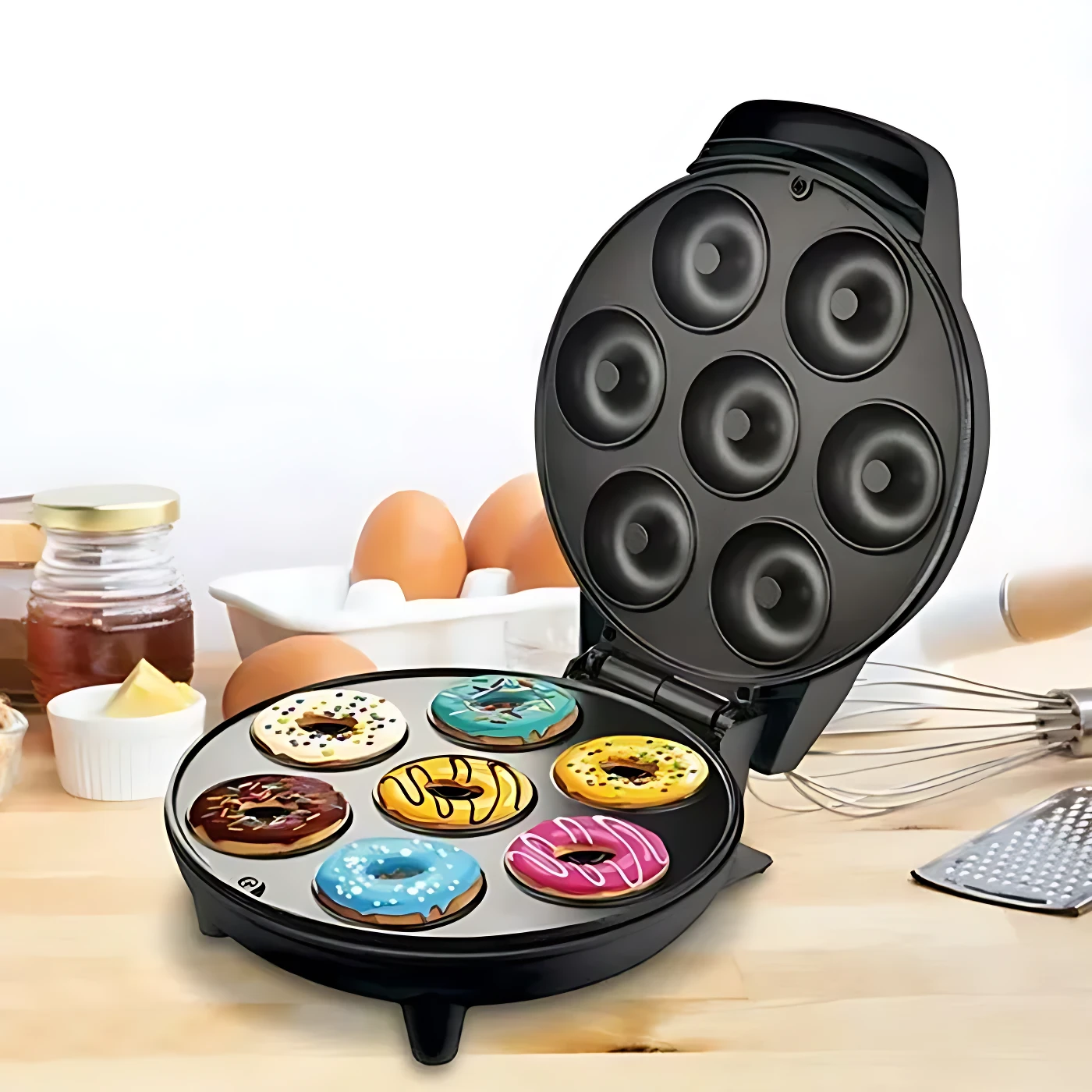 Máquina Donera X 7 con placas antiadherentes, mostrando siete mini donas decoradas en la parte inferior y moldes vacíos en la tapa superior, sobre mesa de madera con huevos y utensilios de cocina al fondo.