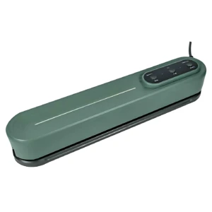 Máquina empacadora al vacío automática en color verde oscuro, con panel de control integrado y cable visible, vista lateral sobre fondo blanco.