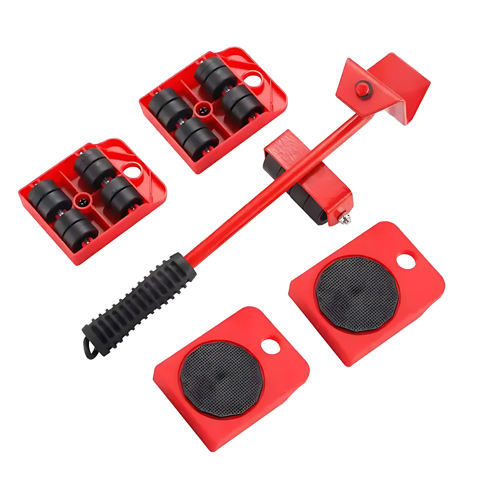 Kit de levanta muebles ergonómico manual en rojo con mango negro, incluye cuatro rodillos y dos bases magnéticas para traslado seguro de objetos pesados.