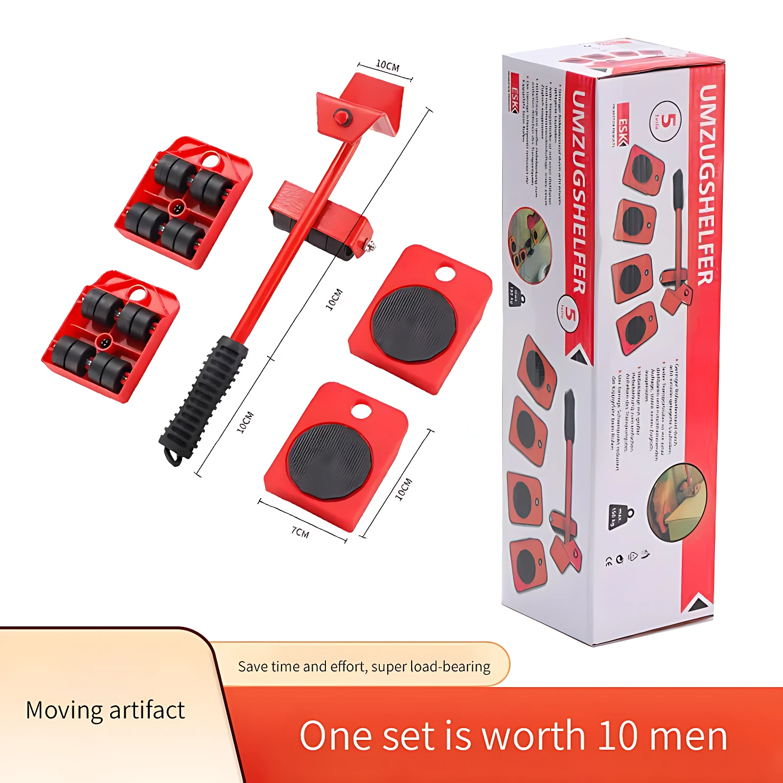 Máquina ergonómica manual en rojo con mango antideslizante y ruedas, diseñada para mover muebles pesados con una sola persona. Incluye caja de presentación y medidas visibles.