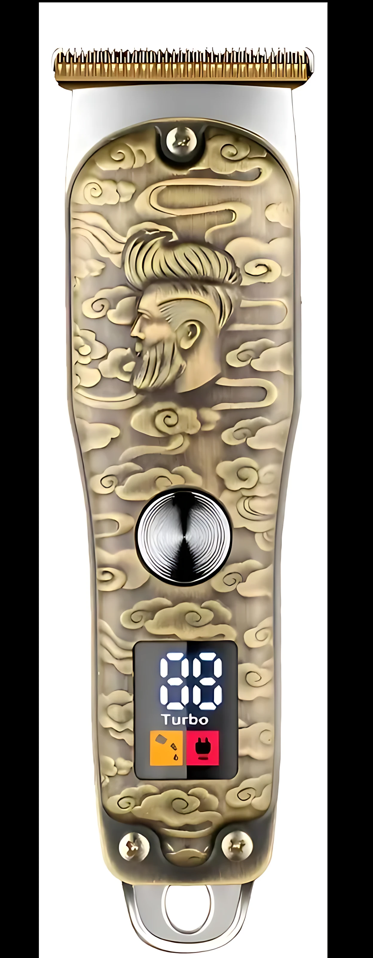 Cortadora de cabello WAER 2936 vista frontal, cuerpo metálico con diseño grabado en relieve, pantalla LED encendida mostrando nivel de batería y modo turbo, mango ergonómico con botón central y punta de corte dorada.