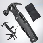 Martillo multiherramienta negro con mango plegable y accesorios desmontables, incluye funda protectora.