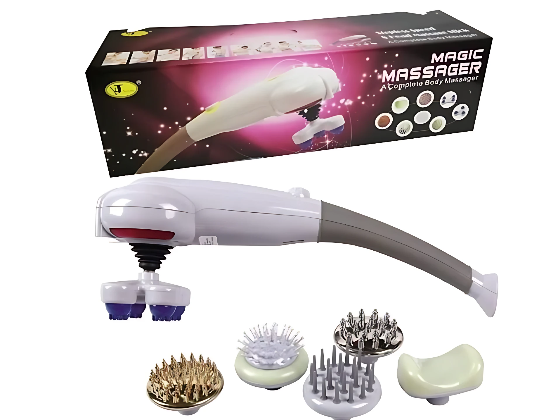 Masajeador eléctrico blanco con mango gris, caja de presentación y cinco cabezales intercambiables incluidos: masajeador de cuerpo, rodillo, pincel, puntas metálicas y almohadilla suave.