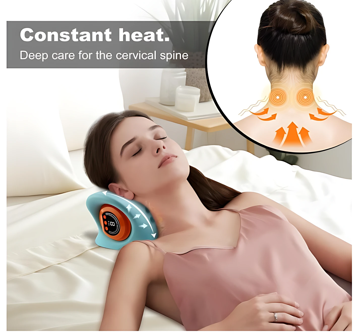 Mujer recostada usando masajeador cervical azul con calor y EMS, mostrando zona de aplicación en cuello y hombros.