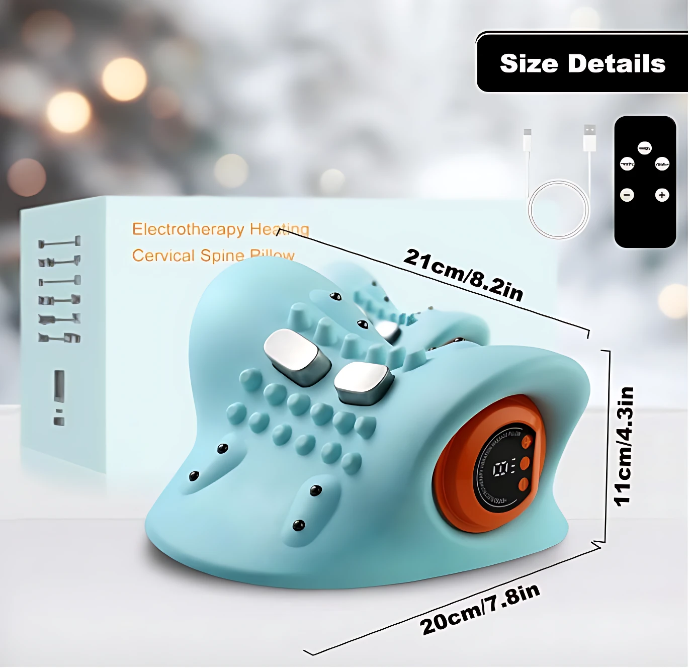 Masajeador cervical Bz02 en color azul claro, con superficie texturizada y panel de control naranja. Incluye caja, cable USB y control remoto. Medidas visibles: 20x11x8 cm.