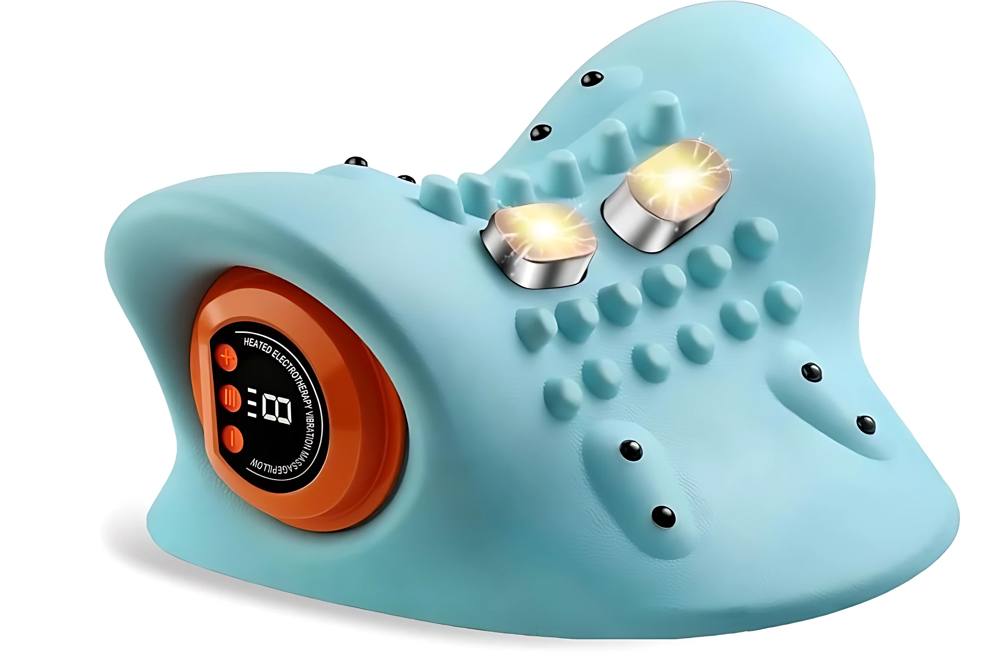 Masajeador cervical azul claro con luces LED y panel de control digital, diseñado para alivio de dolor en cuello y hombros.