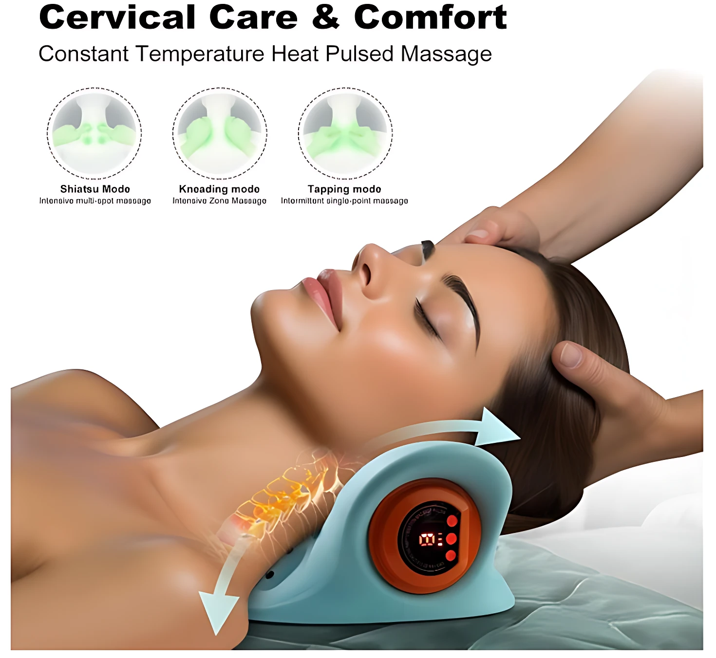 Masajeador cervical azul con panel digital naranja, en uso sobre hombro de mujer recostada; incluye iconos de modos Shiatsu, kneading y tapping.