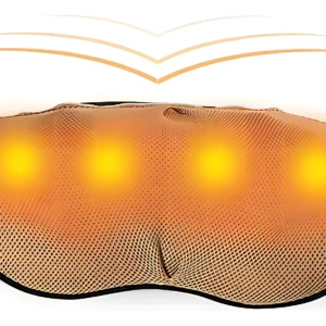 Masajeador cervical de color beige con cuatro luces amarillas encendidas, mostrando zonas de calor eléctrico y vibración para aliviar tensión muscular.