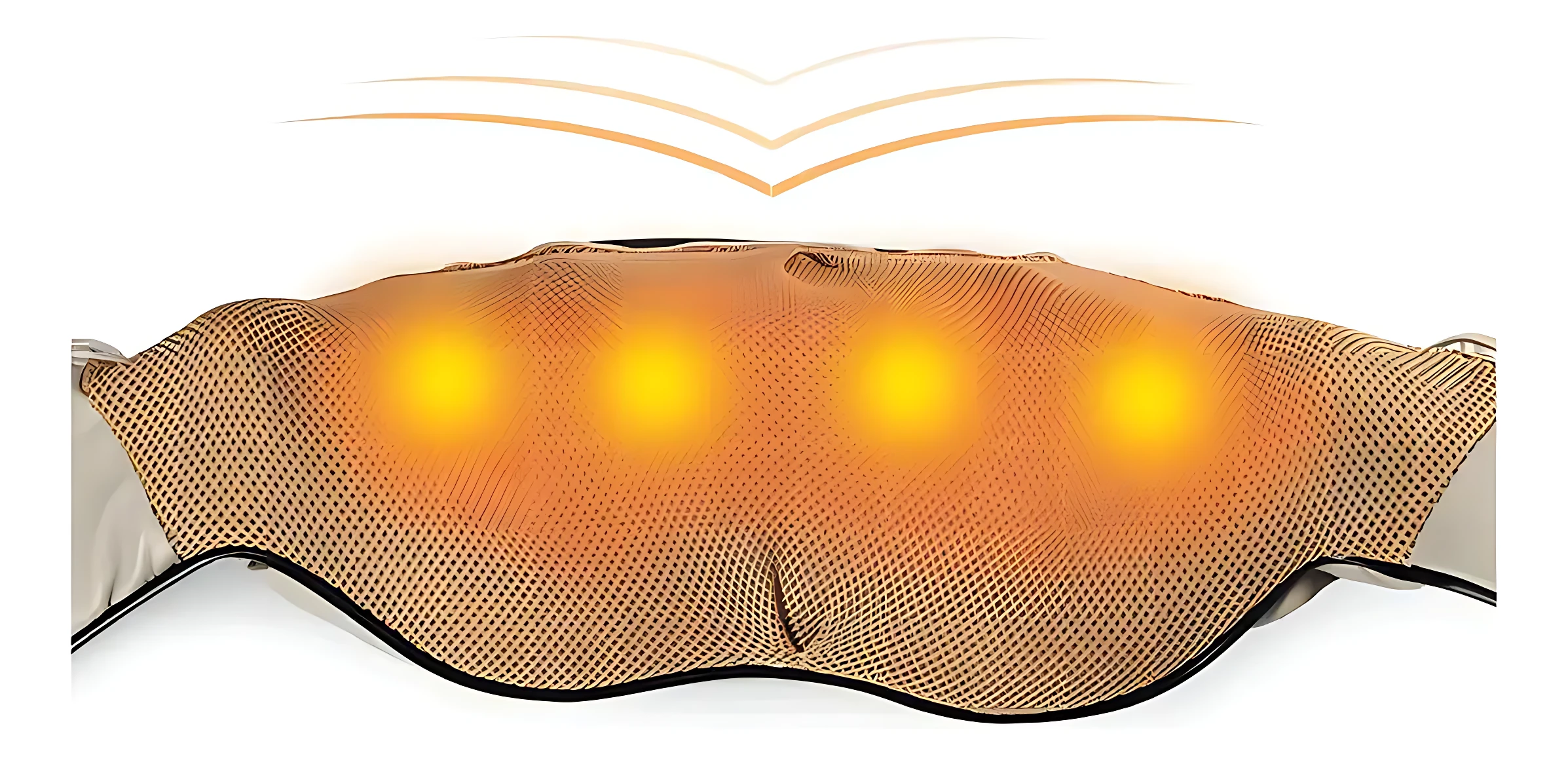 Masajeador cervical de color beige con cuatro luces amarillas encendidas, mostrando zonas de calor eléctrico y vibración para aliviar tensión muscular.