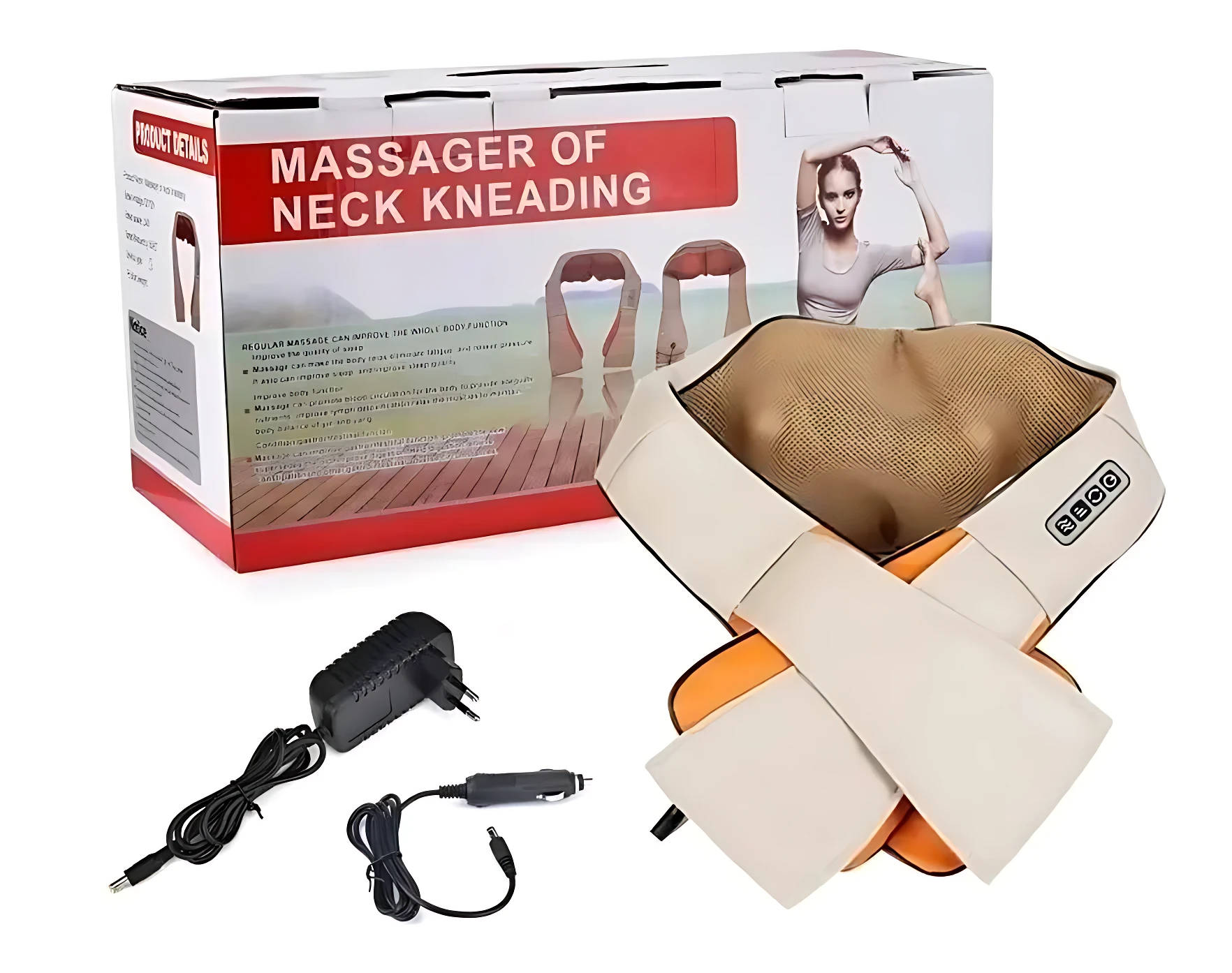 Masajeador cervical beige con calor y vibración, mostrando funda textil, cable de alimentación y adaptador de coche, junto a su caja con de uso.