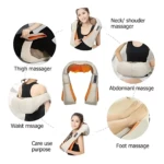 Masajeador cervical beige con detalles naranjas, mostrando uso en cuello, hombros, caderas, abdomen y pies; incluye panel de control lateral y diseño ergonómico para masaje multifuncional.