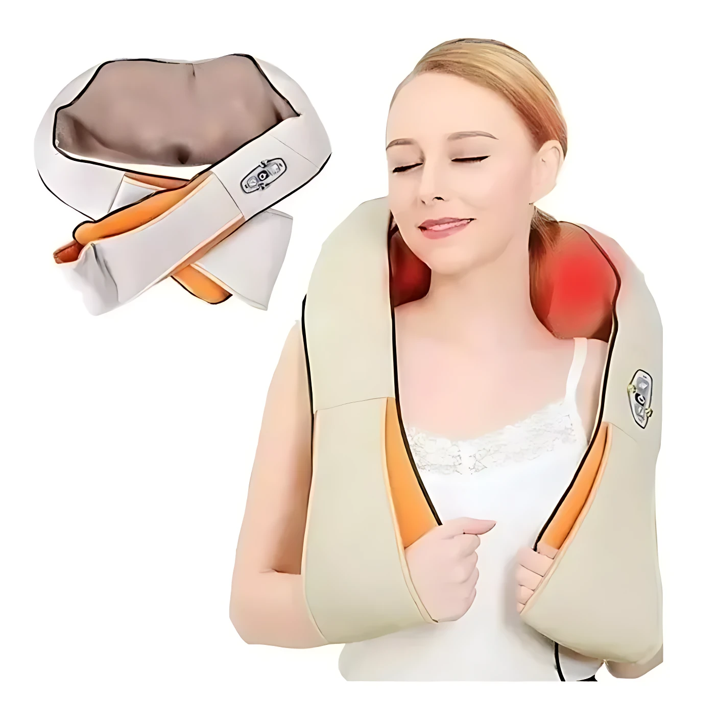 Masajeador cervical beige con detalles naranjas, mostrando uso en modelo femenina y vista frontal del producto con almohadillas de calor rojo.
