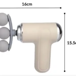 Masajeador corporal deportivo beige con cabezales redondos y medidas de 16 cm de ancho por 15.5 cm de alto.