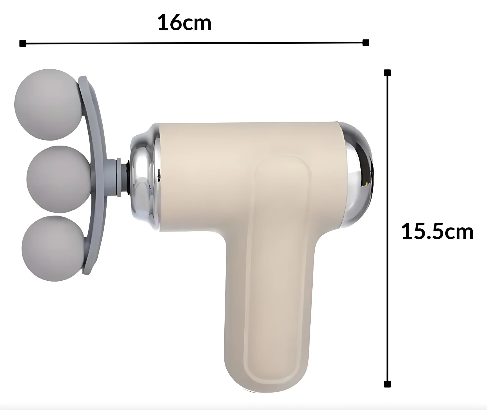 Masajeador corporal deportivo beige con cabezales redondos y medidas de 16 cm de ancho por 15.5 cm de alto.