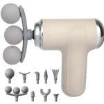 Masajeador corporal beige con cabezales intercambiables y accesorios incluidos, diseñado para aliviar tensión muscular.