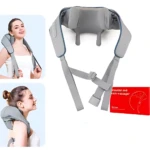 Masajeador de cuello ergonómico en color gris, con correas ajustables y diseño acolchado. Incluye caja roja con del producto.