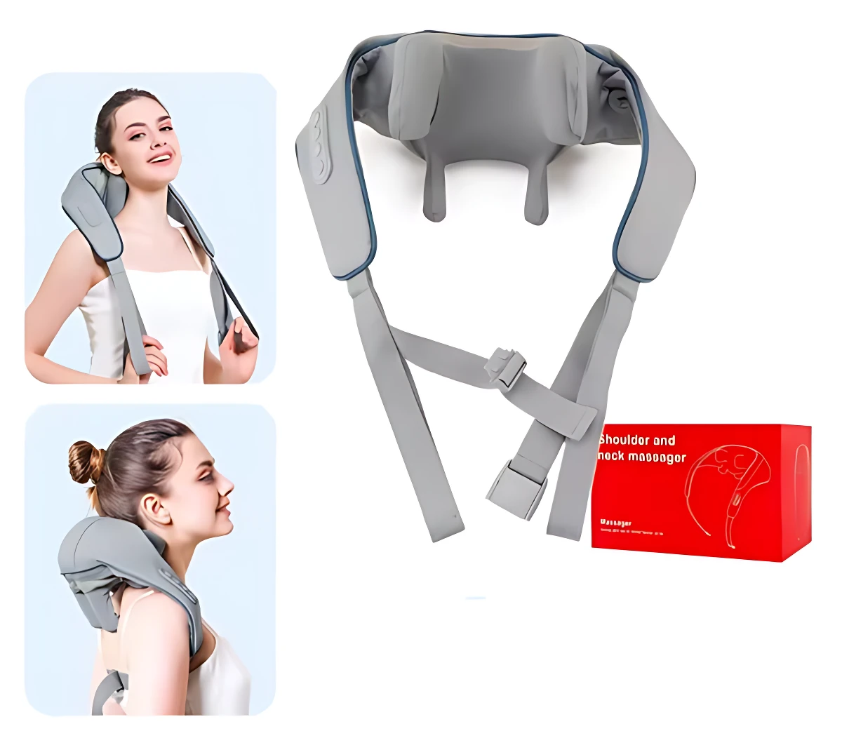 Masajeador de cuello ergonómico en color gris, con correas ajustables y diseño acolchado. Incluye caja roja con del producto.
