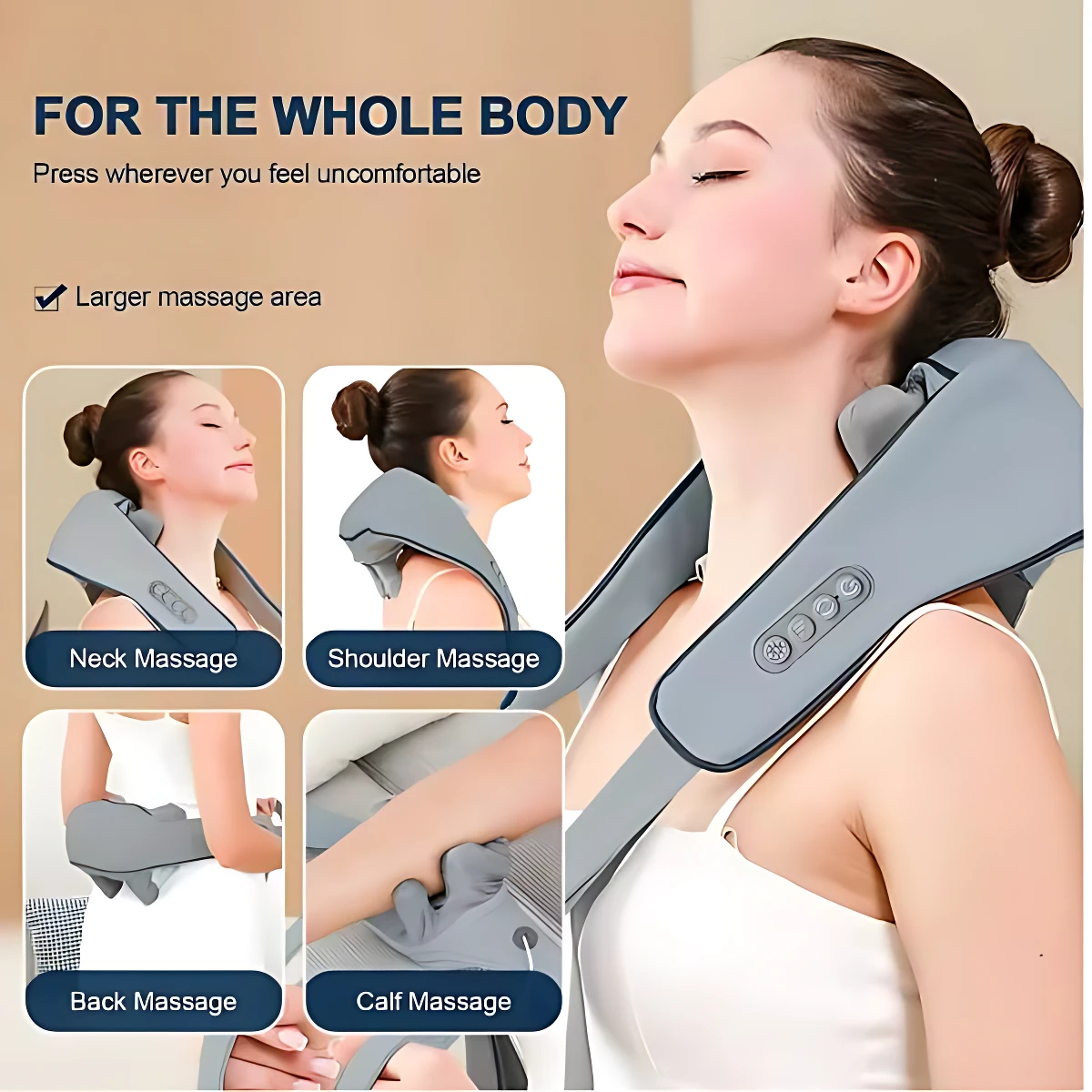 Masajeador de cuello ergonómico en color gris, con controles táctiles y diseño envolvente para masaje en cuello, hombros, espalda y pantorrilla.