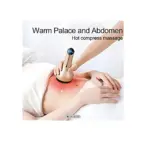 Masajeador de ventosas recargable en color dorado aplicando calor en abdomen, con indicador de temperatura y zona de masaje resaltada en rojo.