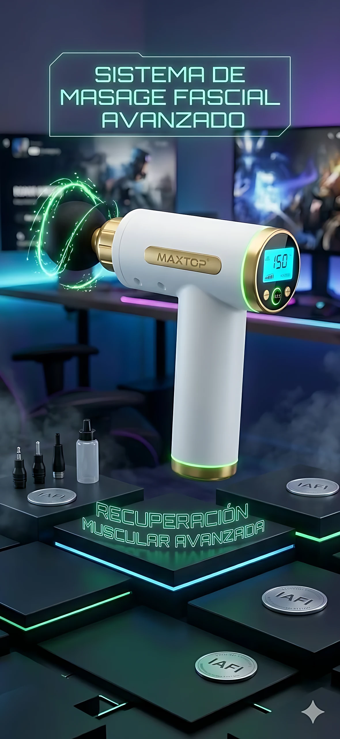 Masajeador facial ergonómico blanco con pantalla digital y detalles dorados, sobre plataforma tecnológica con luces verdes.