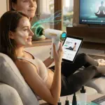 Mujer usando masajeador facial ergonómico blanco con luz azul, sentado en sofá moderno junto a tablet y botellas de suero en bandeja iluminada.