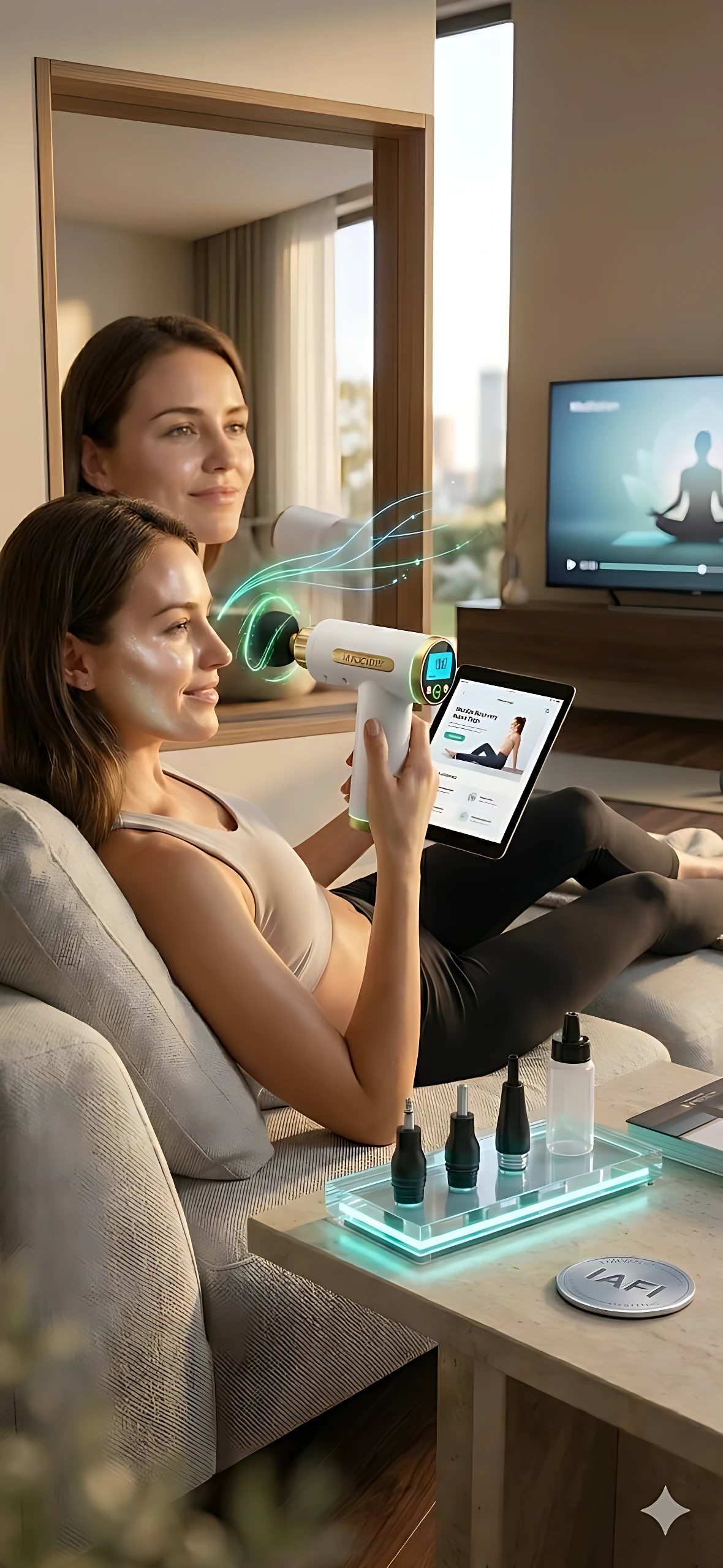 Mujer usando masajeador facial ergonómico blanco con luz azul, sentado en sofá moderno junto a tablet y botellas de suero en bandeja iluminada.