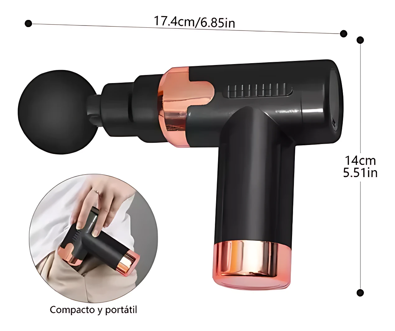 Pistola de masaje inalámbrica negra con detalles en cobre, cabezal esférico y mango ergonómico. Mide 17,4 cm de largo por 14 cm de altura. Incluye vista de uso compacto y portátil.