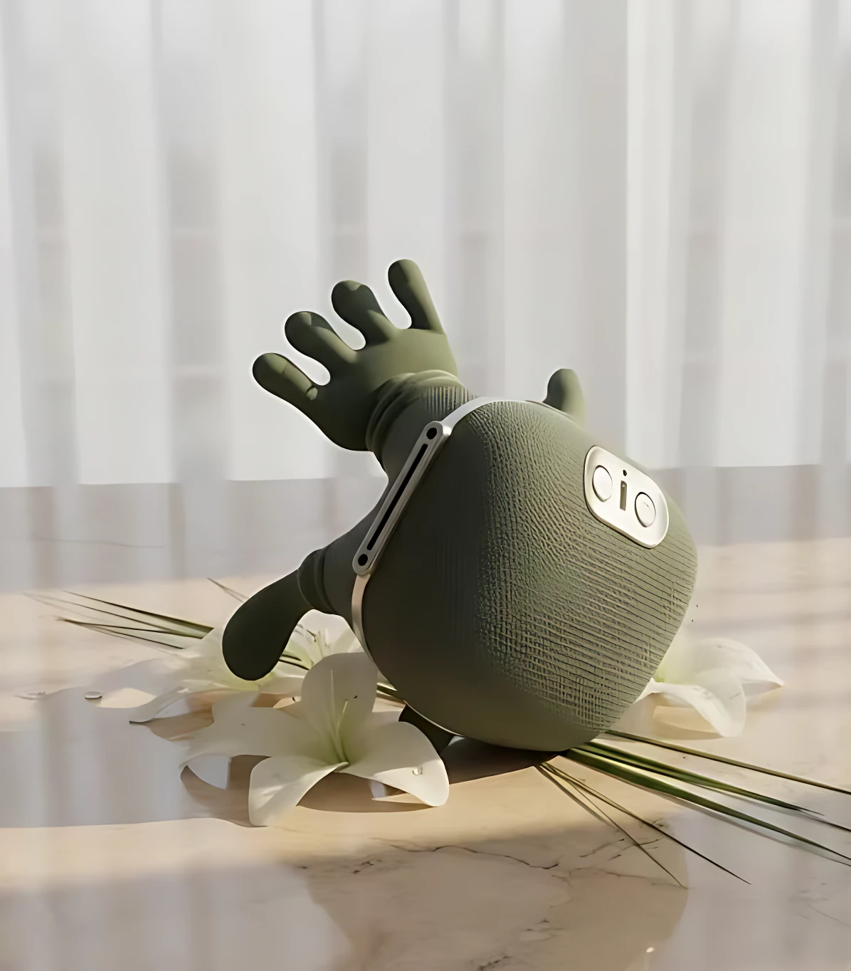 Masajeador eléctrico portátil verde sin cables, con forma de mano y textura suave, sobre superficie clara con flores blancas al fondo.