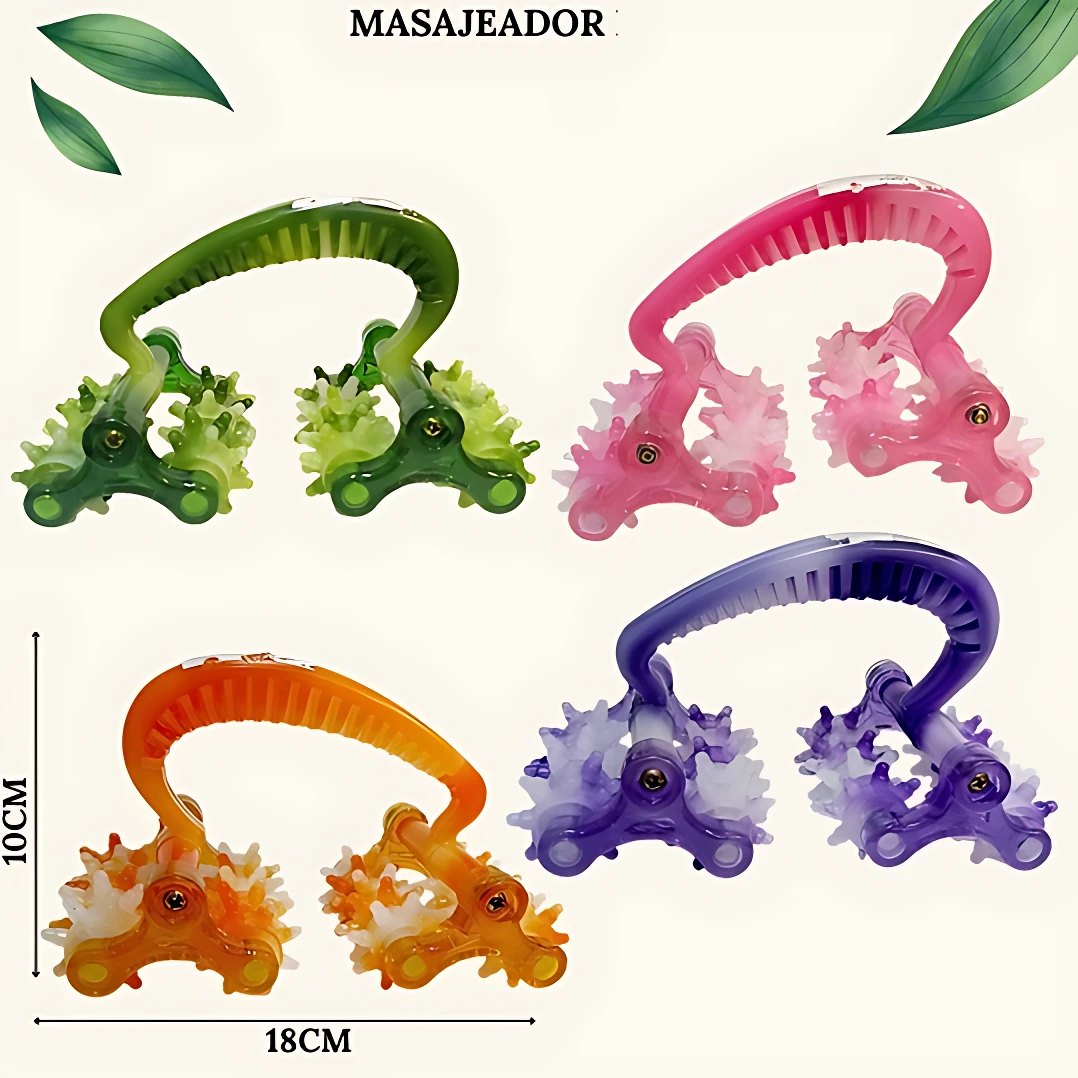 Cuatro masajeadores manuales de 4 rodillos en colores verde, rosa, naranja y morado, con medidas de 18 cm de ancho y 10 cm de alto, diseñados para reducir la apariencia de celulitis y relajar el cuerpo.