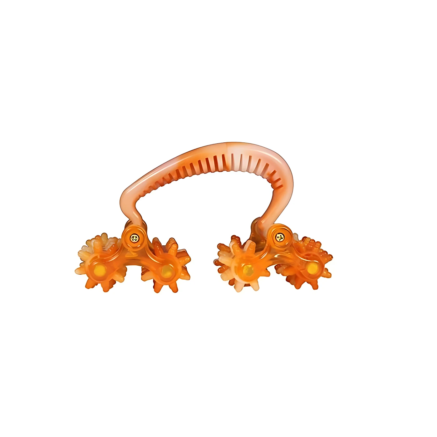 Masajeador manual naranja con cuatro rodillos giratorios, diseñado para reducir la apariencia de celulitis y relajar el cuerpo.