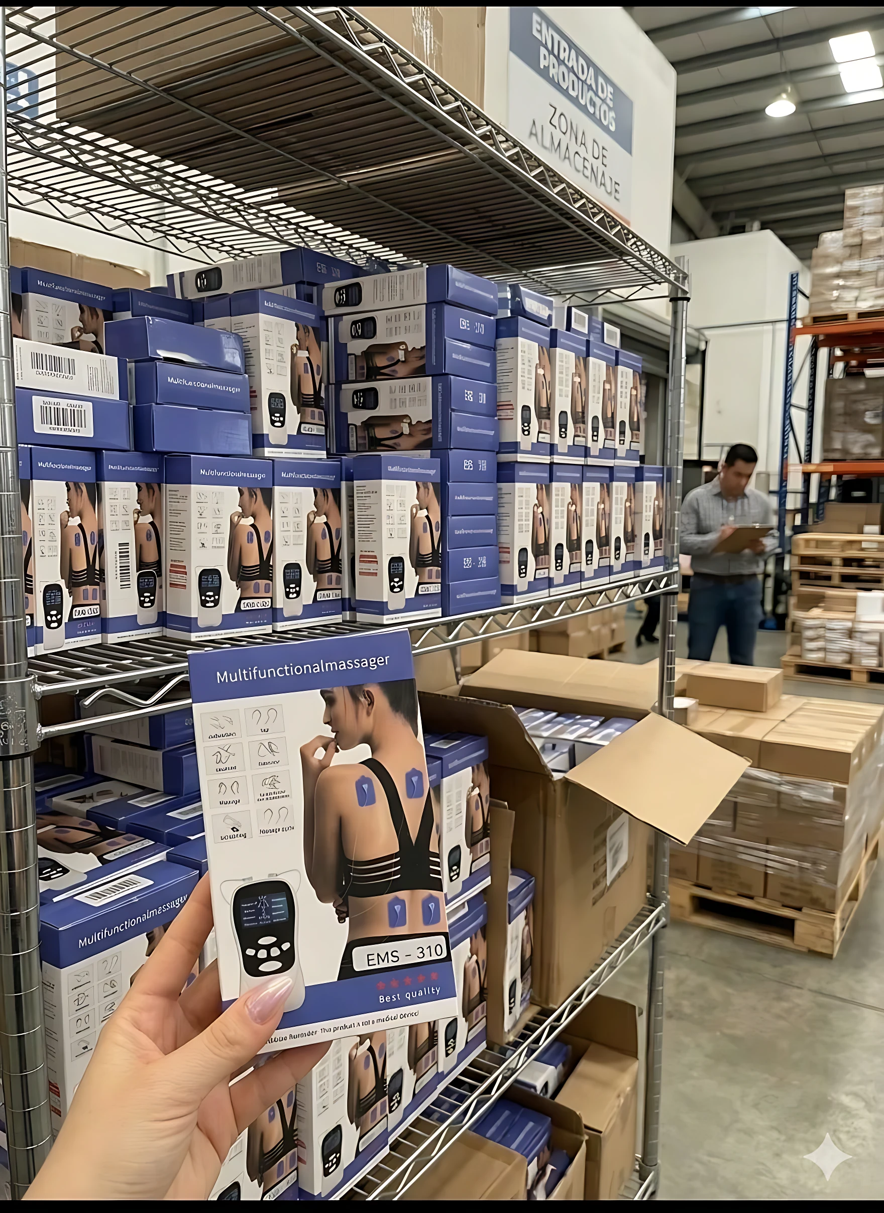 Masajeador EMS digital para espalda y cuello, con electrodo azul visible en la caja. Producto en estantería de almacén, con múltiples unidades apiladas.