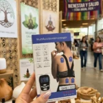 Masajeador EMS 310 en caja blanca con de mujer aplicándolo en espalda y cuello, mostrando electrodos azules y panel de control digital.