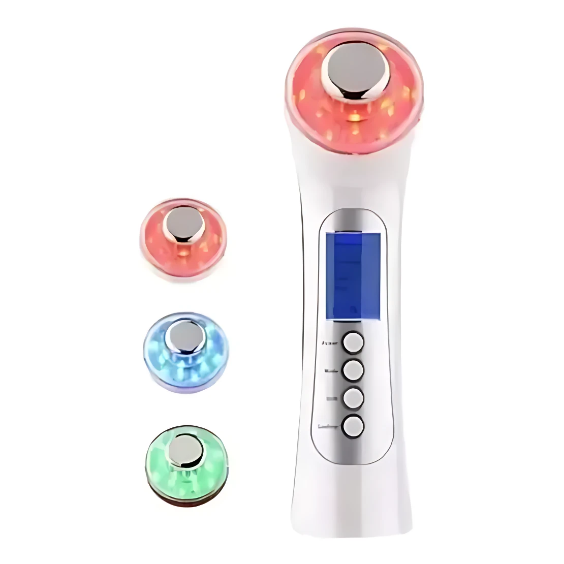 Masajeador ultrasonido blanco con pantalla azul y tres cabezales intercambiables en rojo, azul y verde.