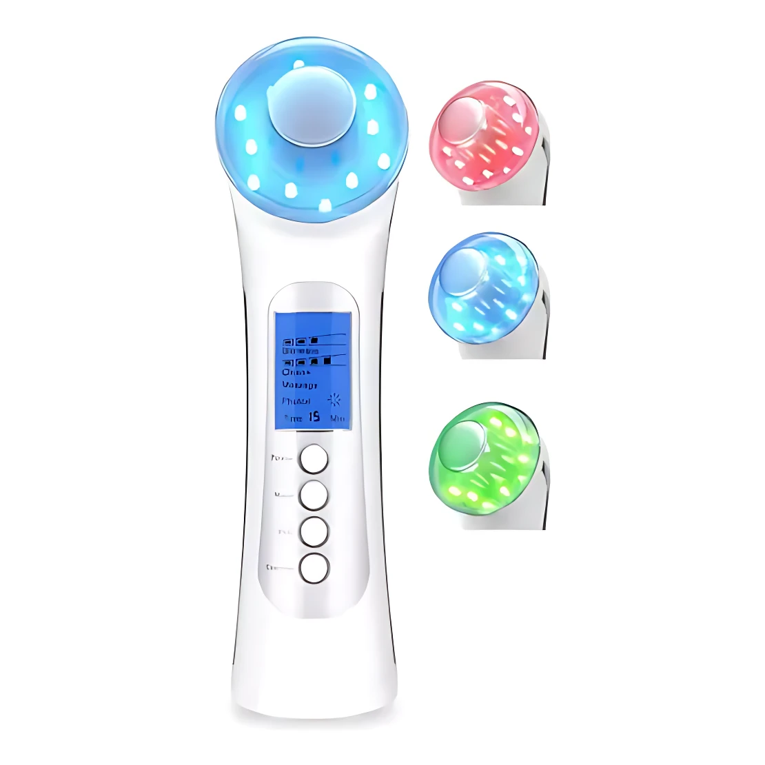 Masajeador ultrasonido 5 en 1 con LED, cuerpo blanco y pantalla azul, incluye cabezales intercambiables en colores rojo, azul y verde.