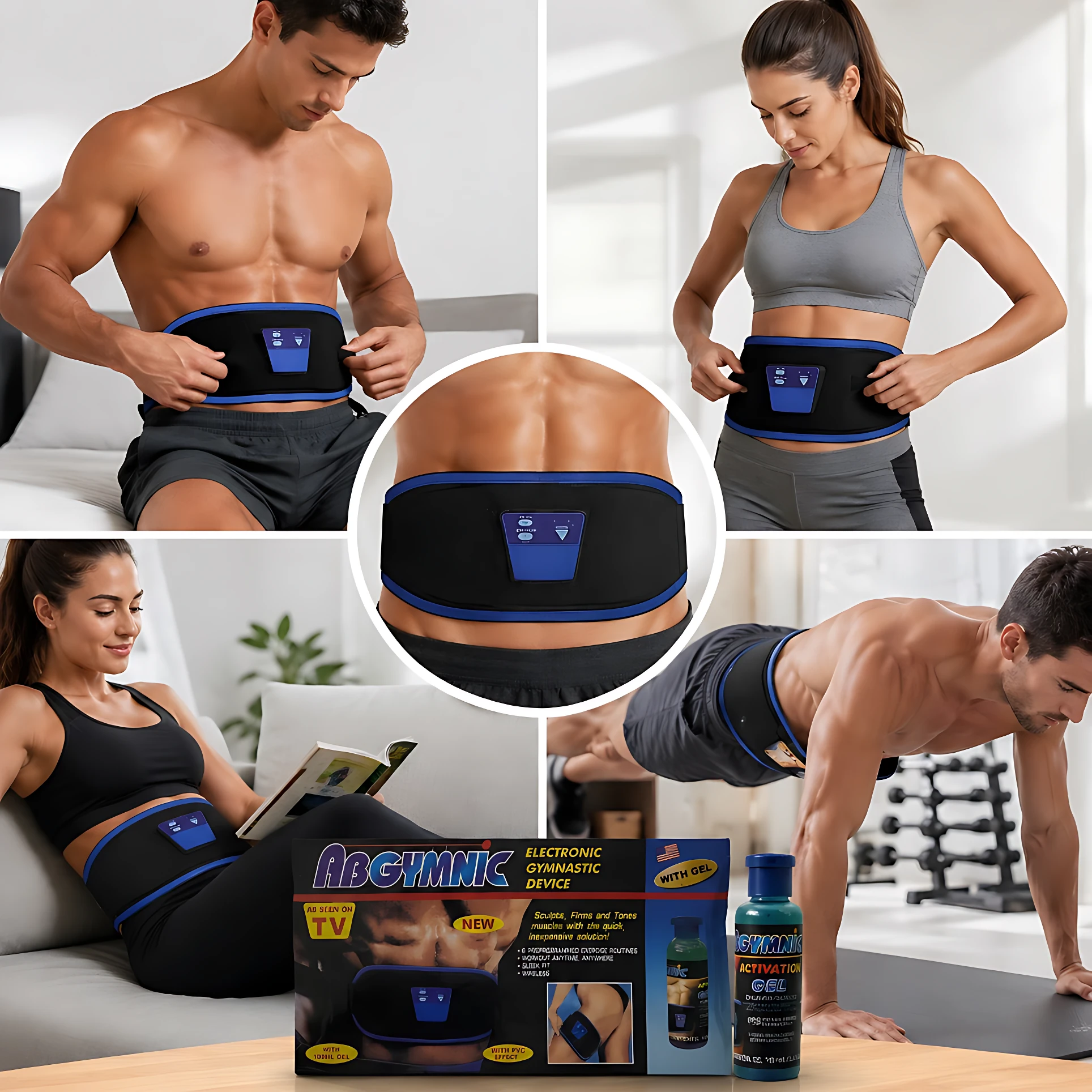 Masajeador abdominal Abgymnic en uso por hombre y mujer, con electrodos azules y control central. Incluye caja, crema y electrodo extra.