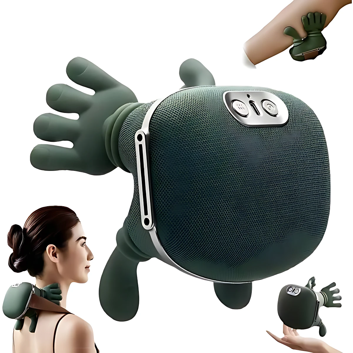 Masajeador Wg-17 en color verde oscuro, con textura de malla y botones de control visibles. Se muestra en uso en cuello y hombros, con detalles de nodos rotatorios y diseño ergonómico.