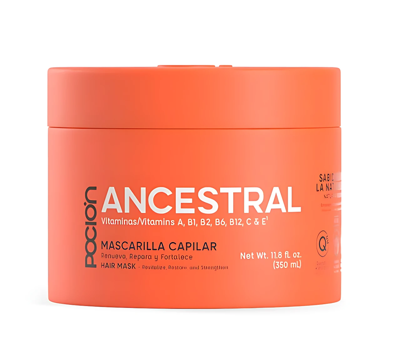 Poción Ancestral, mascarilla reestructurante para cabello dañado en envase naranja de 350 ml con tapa integrada.