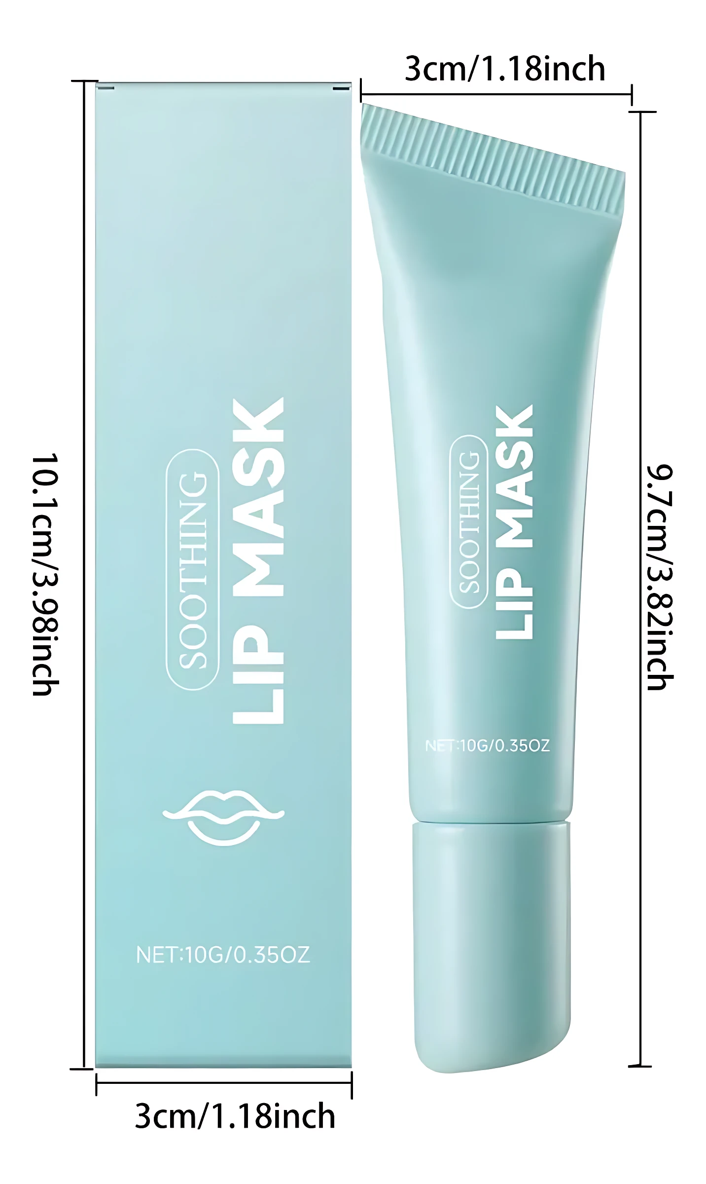 Mascarilla refrescante para labios en tubo y caja, color azul claro. Medidas: 10,1 cm de alto por 3 cm de ancho. Incluye 10 g (0,35 oz).