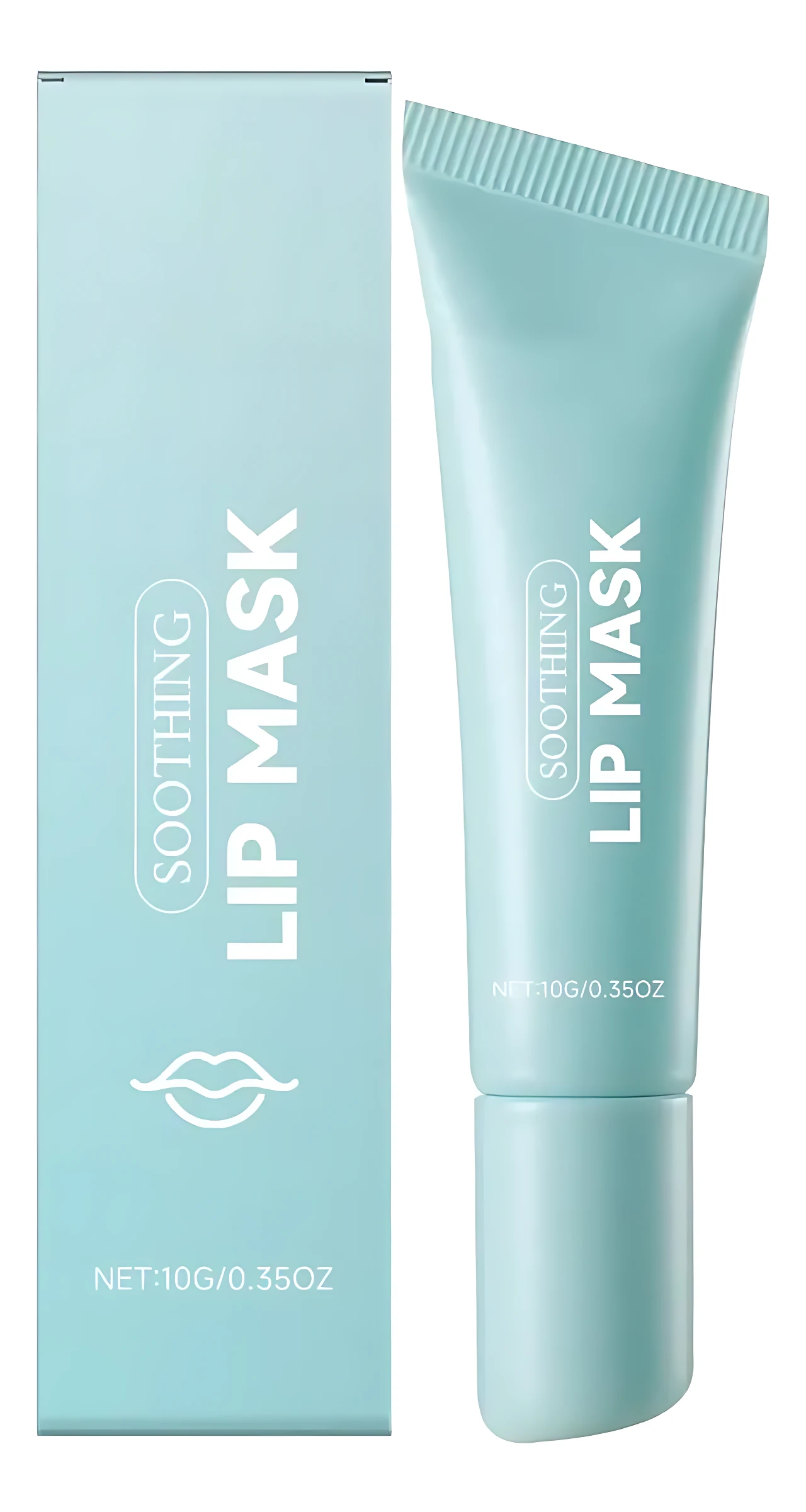 Tubo y caja de mascarilla para labios en tono azul claro, con texto blanco que dice "Soothing Lip Mask" y un icono de labios. Presentación de 10g/0.35oz.