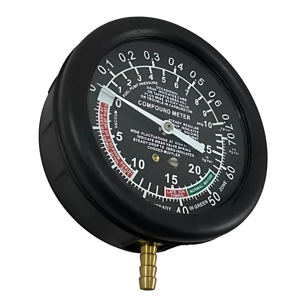 Medidor de presión y vacío de combustible con dial negro, escala de 0 a 70 psi, indicador blanco y conexión dorada en la base.