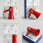 Cuatro megáfonos Lang Yun C68 Plus rojos con batería recargable y grabación, mostrados en diferentes ángulos sobre cajas blancas y azules.