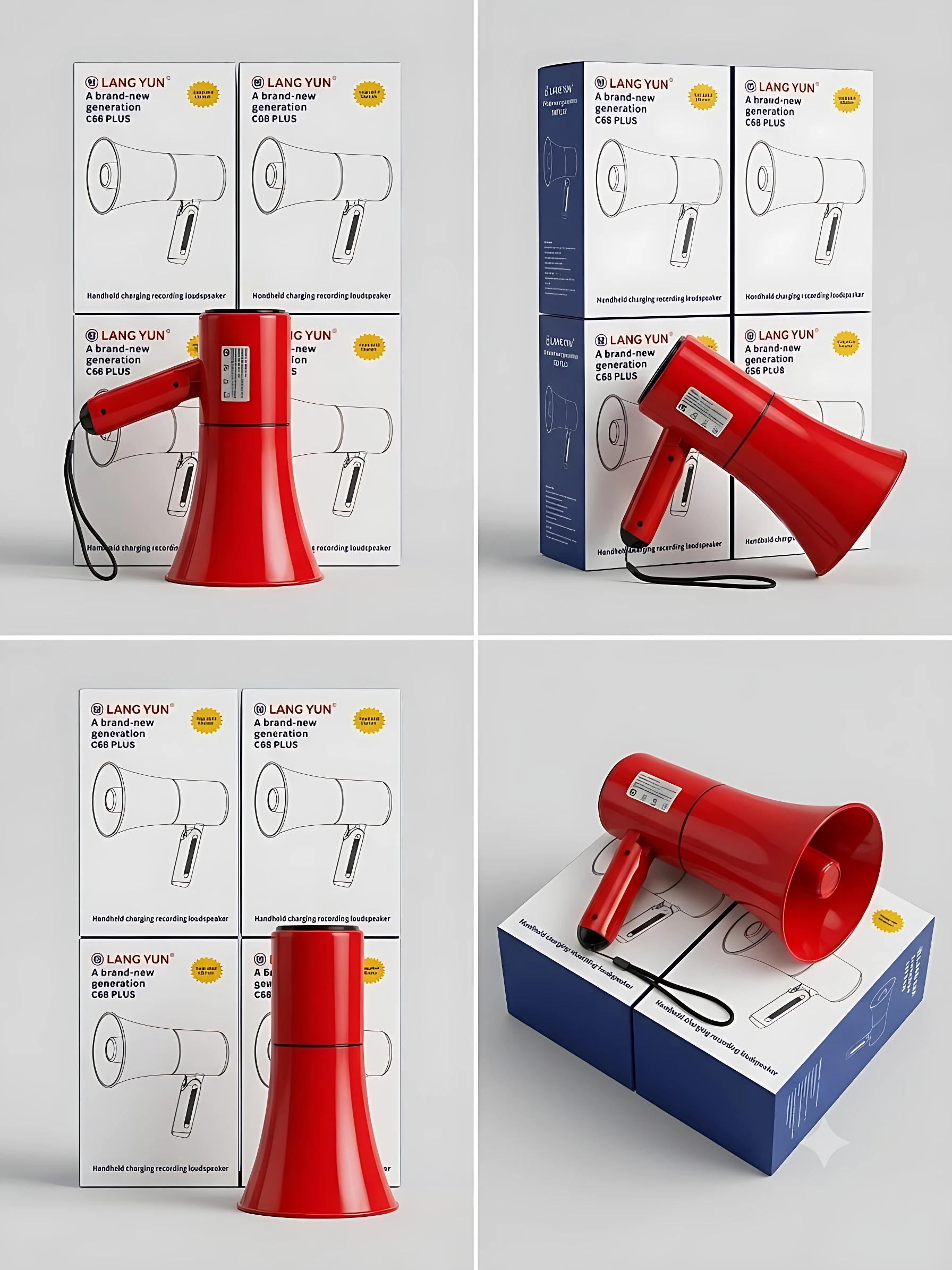 Cuatro megáfonos Lang Yun C68 Plus rojos con batería recargable y grabación, mostrados en diferentes ángulos sobre cajas blancas y azules.