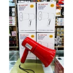Megáfono Lang Yun C68 Plus en color rojo brillante, con cable negro visible, sobre mostrador de vidrio; caja blanca con del producto y texto en español al fondo.