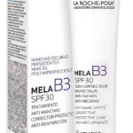 Tubo blanco de Mela B3 SPF30 con niacinamida, acompañado de su caja, ambos mostrando texto en español y detalles del producto.